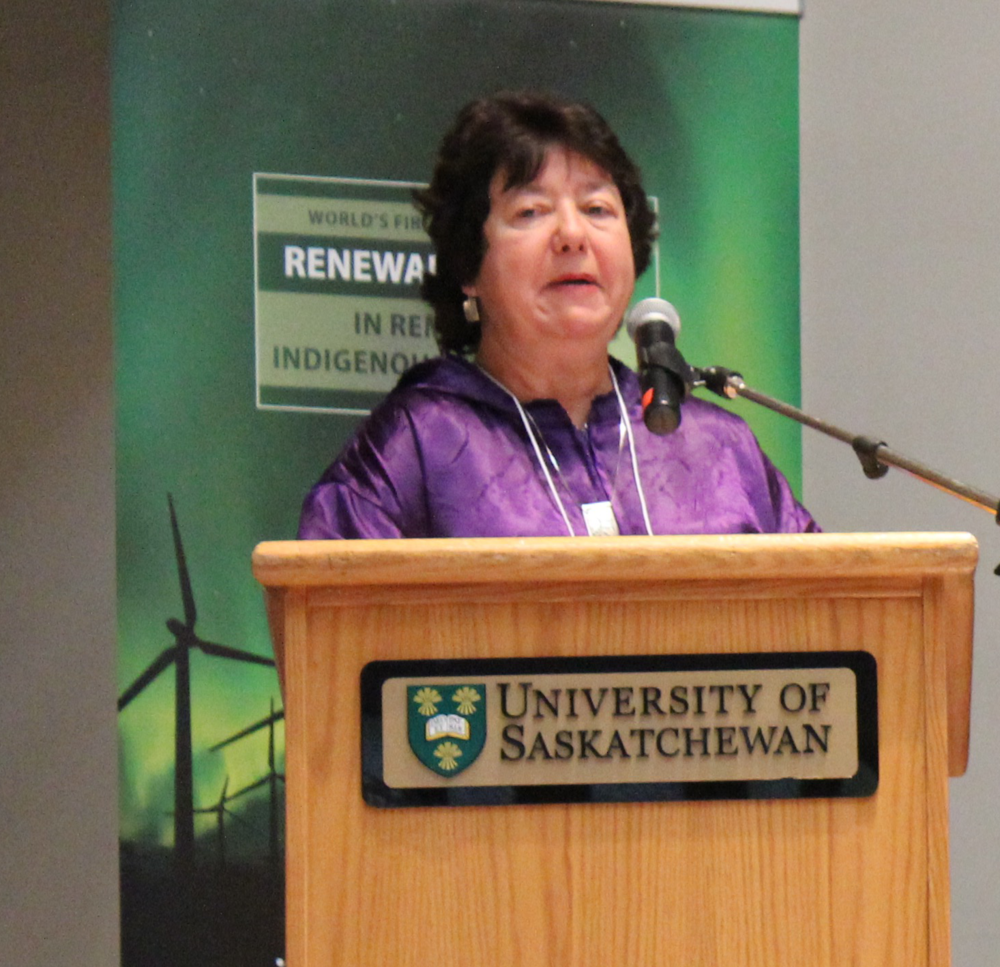 Meera Kohler, CEO AVEC speaking in Saskatoon in 2017. Photo: Aasa Marshall